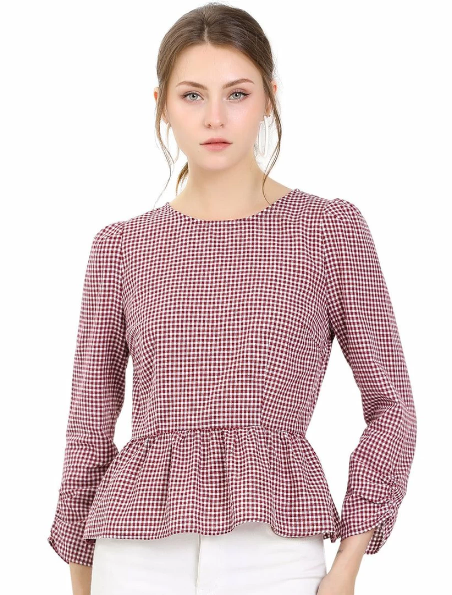 Allegra K Women's Red Gingham Printed Crop Top Blouse with Ruffle Puff Sleeves and Button Zipper Detail