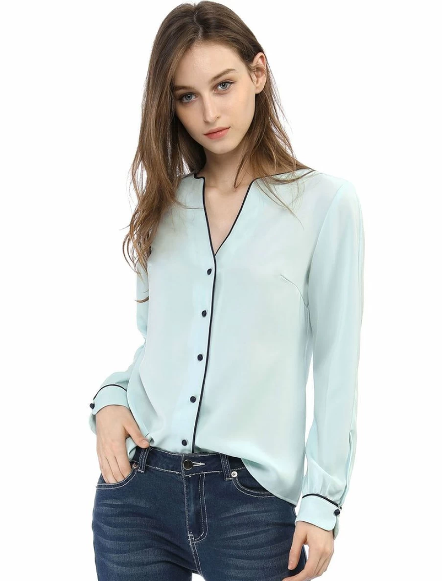 Women's Elegant V-Neck Long Sleeve Blouse with Contrast Trim and Button Down Detail