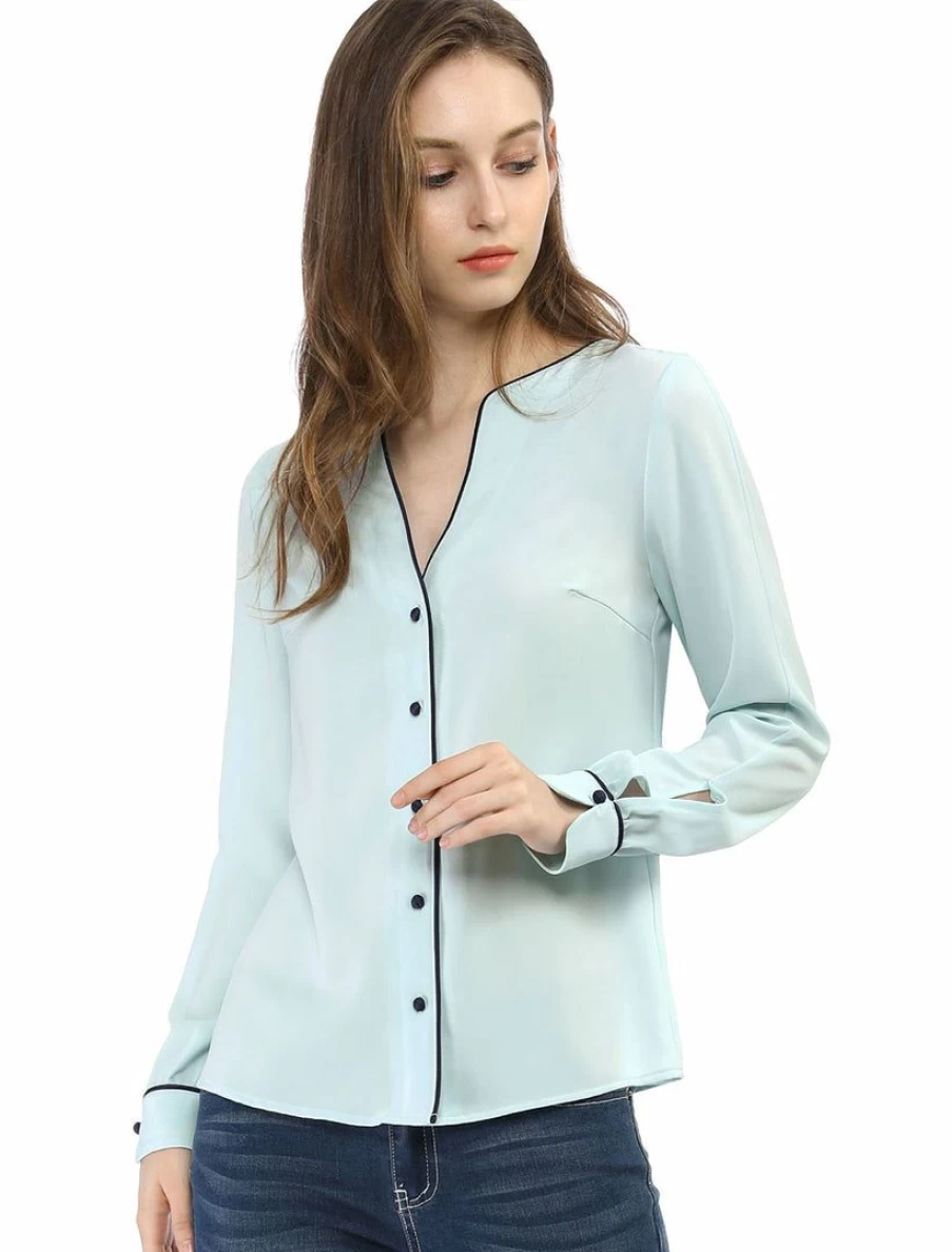 Women's Elegant V-Neck Long Sleeve Blouse with Contrast Trim and Button Down Detail