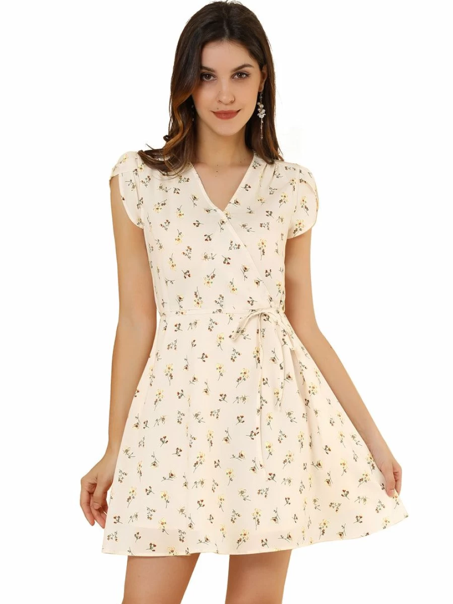 Women's Floral Crossover V-Neck Flowy Dress with Petal Sleeves and Belt - Elegant Summer Maxi Dress