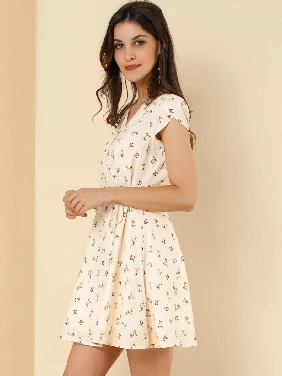 Women's Floral Crossover V-Neck Flowy Dress with Petal Sleeves and Belt - Elegant Summer Maxi Dress