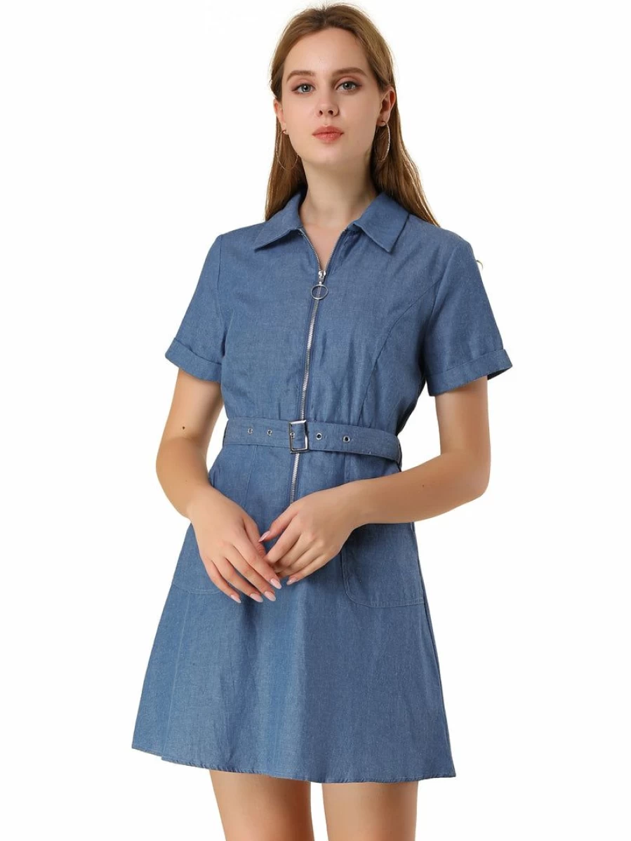 Women's Blue Casual Denim Dress with Slit Pocket and Belt - Washed Cotton Comfort Fit
