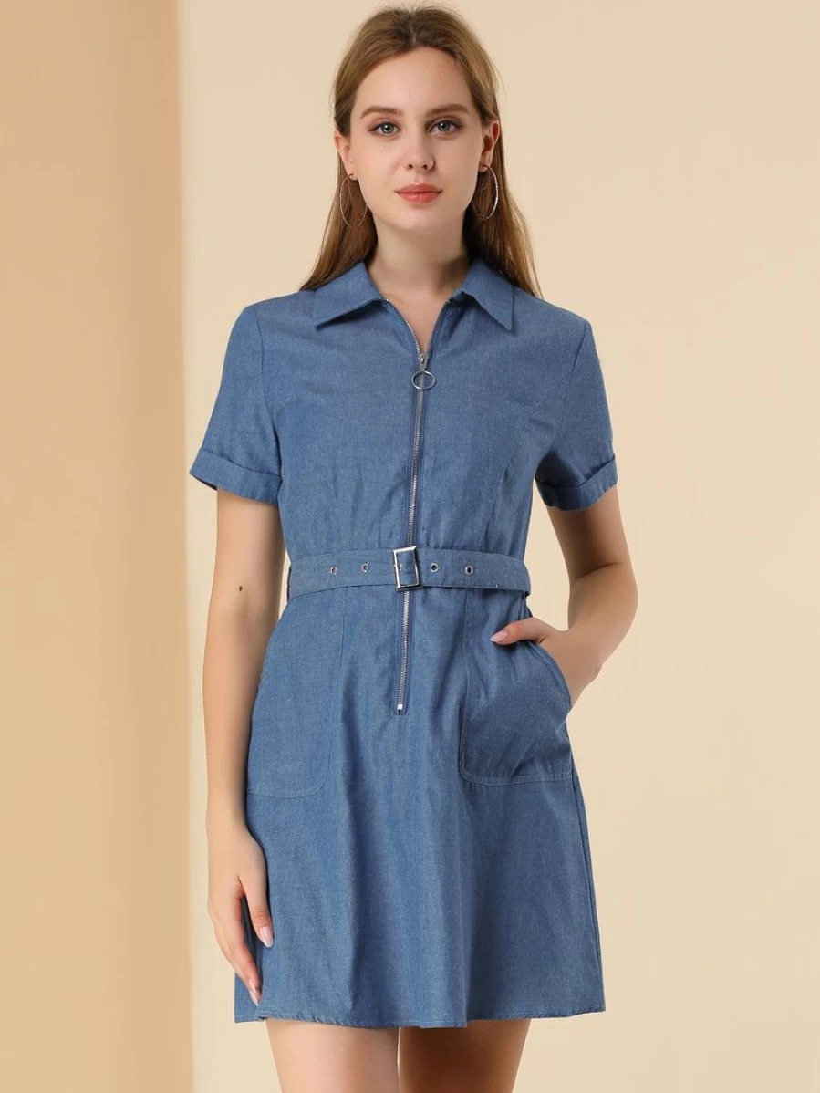 Women's Blue Casual Denim Dress with Slit Pocket and Belt - Washed Cotton Comfort Fit