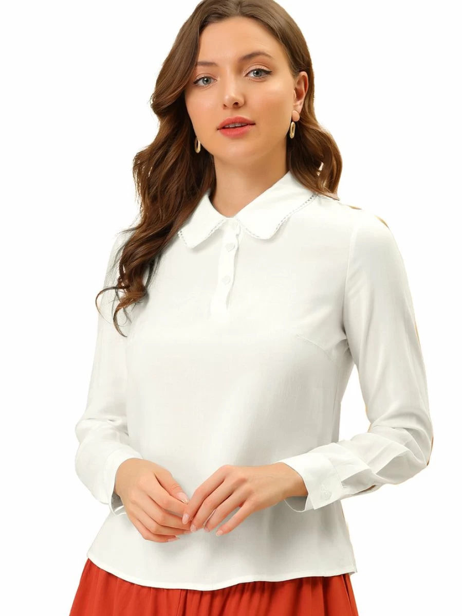 Allegra K Women's White Elegant Peter Pan Collar Button-Up Blouse for Work