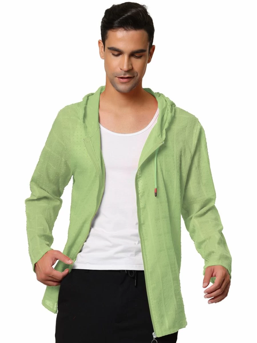 Men's Lightweight Linen Hooded Jacket with Full Zip and Long Sleeves - Solid Plaid Design