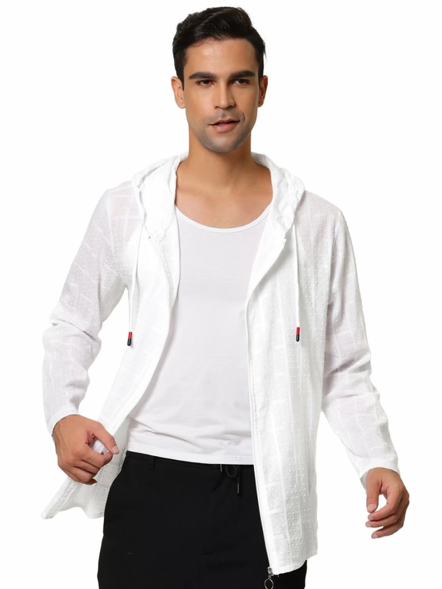 Men's Lightweight Linen Hooded Jacket with Full Zip and Long Sleeves - Solid Plaid Design