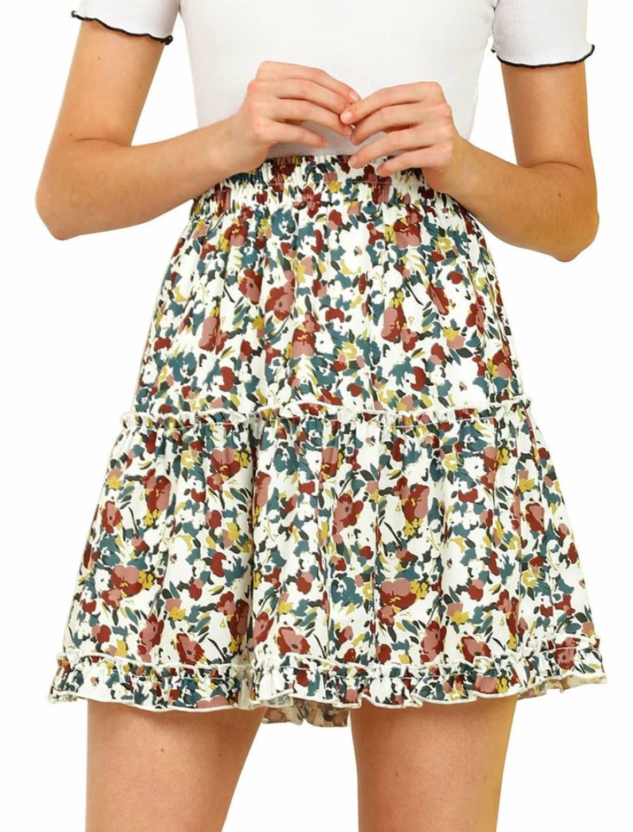 White Floral Print Women's High Waist Stretch Skater Skirt - A-Line Casual Elastic Waist Flowy Skirt