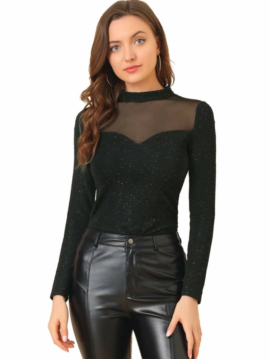 Black Vintage Mesh Panel Blouse for Women - Long Sleeve Shiny Textured Top