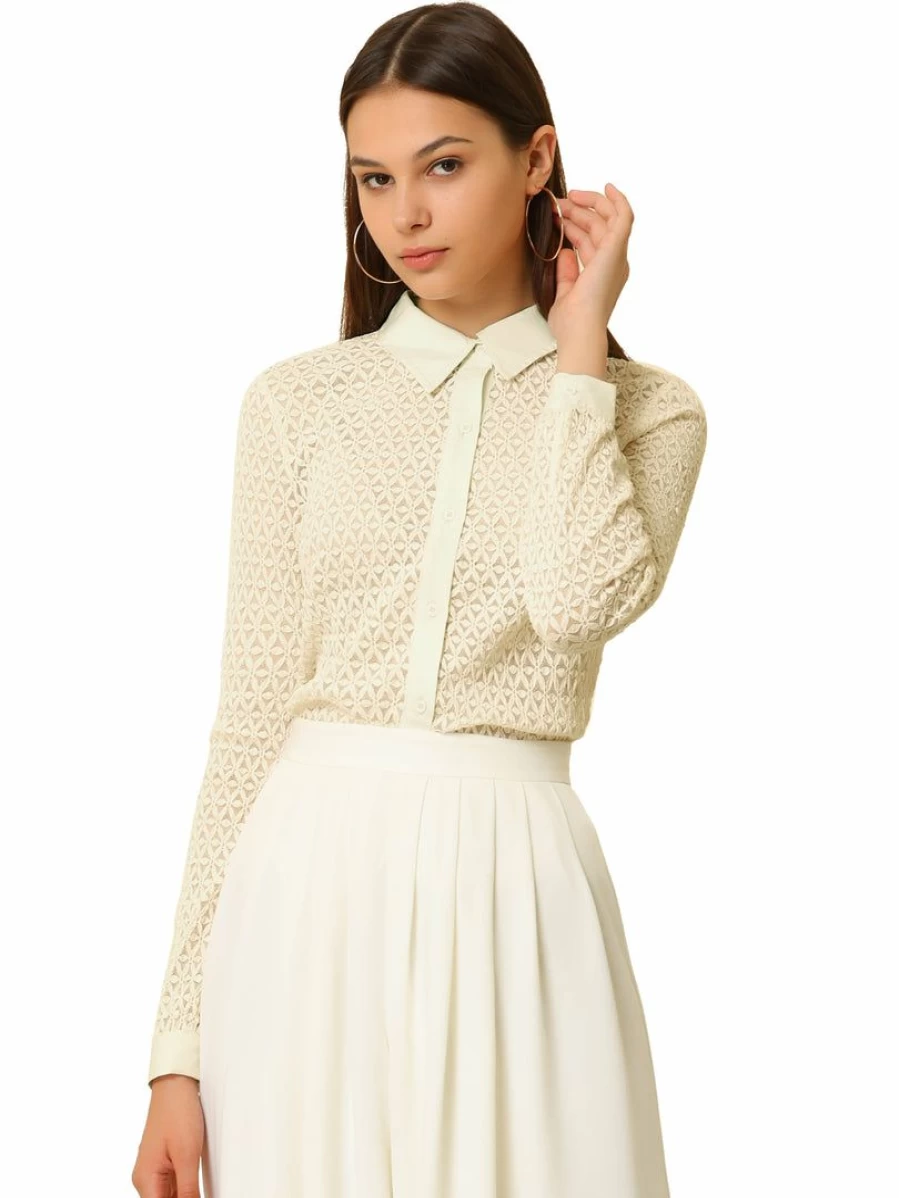 Beige Lace Long Sleeve Button Down Shirt for Women - Elegant Casual Style
