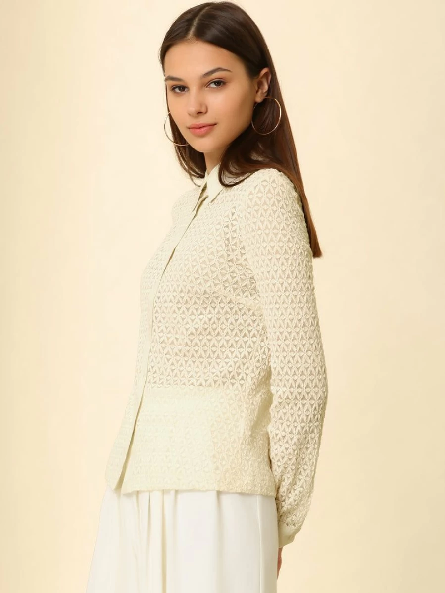 Beige Lace Long Sleeve Button Down Shirt for Women - Elegant Casual Style