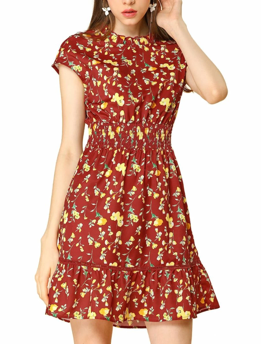 Floral Cap Sleeve Smock Waist Skater Dress for Women - Lightweight Summer A-Line Mini Dress