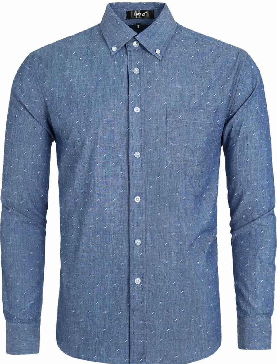Men's Sky Blue Denim Shirt Long Sleeve Casual Cotton Button Down Work Shirt with Pocket