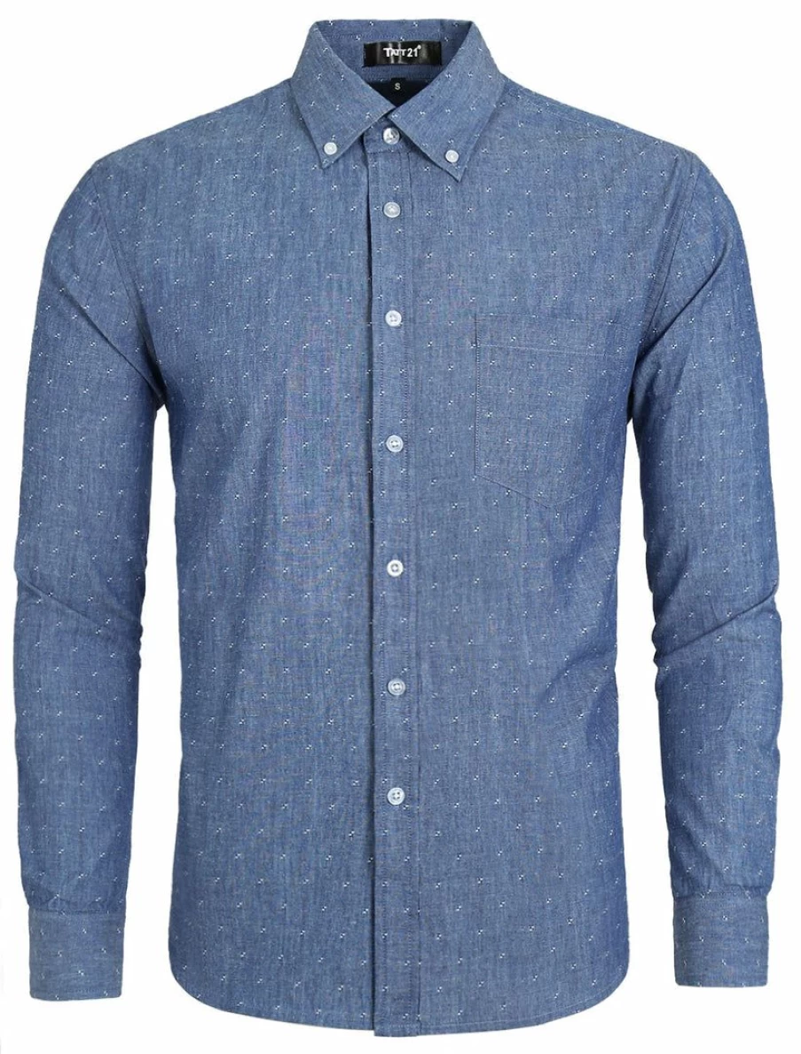 Men's Sky Blue Denim Shirt Long Sleeve Casual Cotton Button Down Work Shirt with Pocket