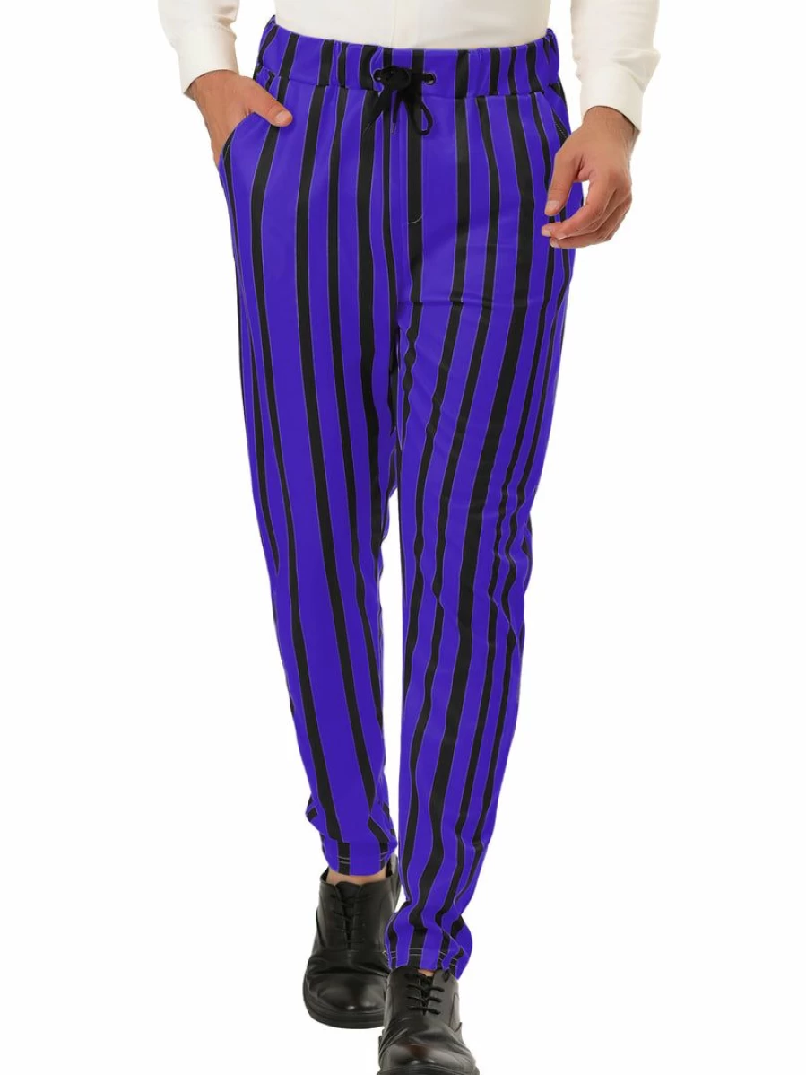 Men's Slim Fit Striped Dress Pants with Color Block Design and Drawstring Waist