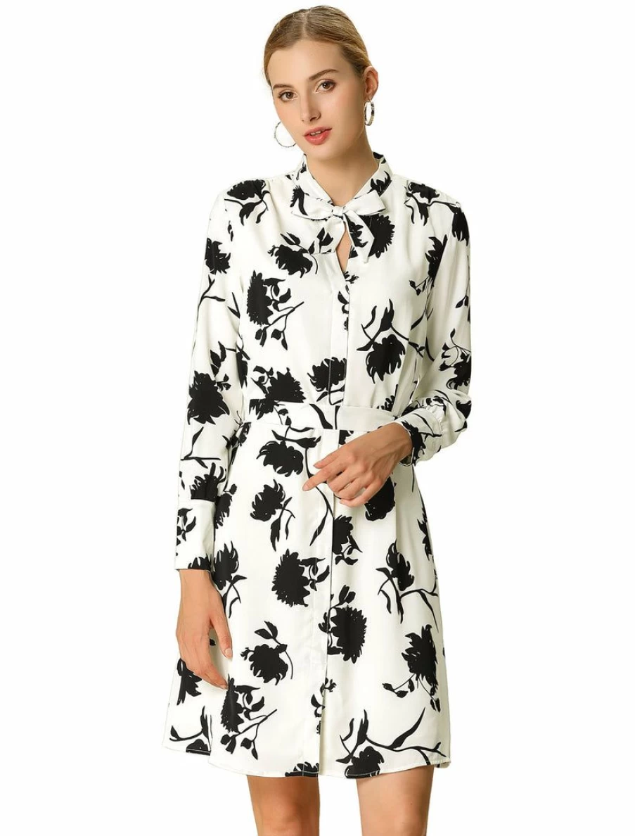 Women's Floral V-Neck Long Sleeve Shirt Dress with Belt - Elegant Tie Detail Casual Wear