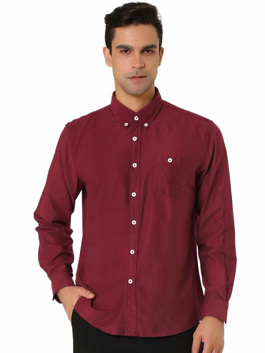 Men's Classic Corduroy Button-Down Shirt with Point Collar and Chest Pockets