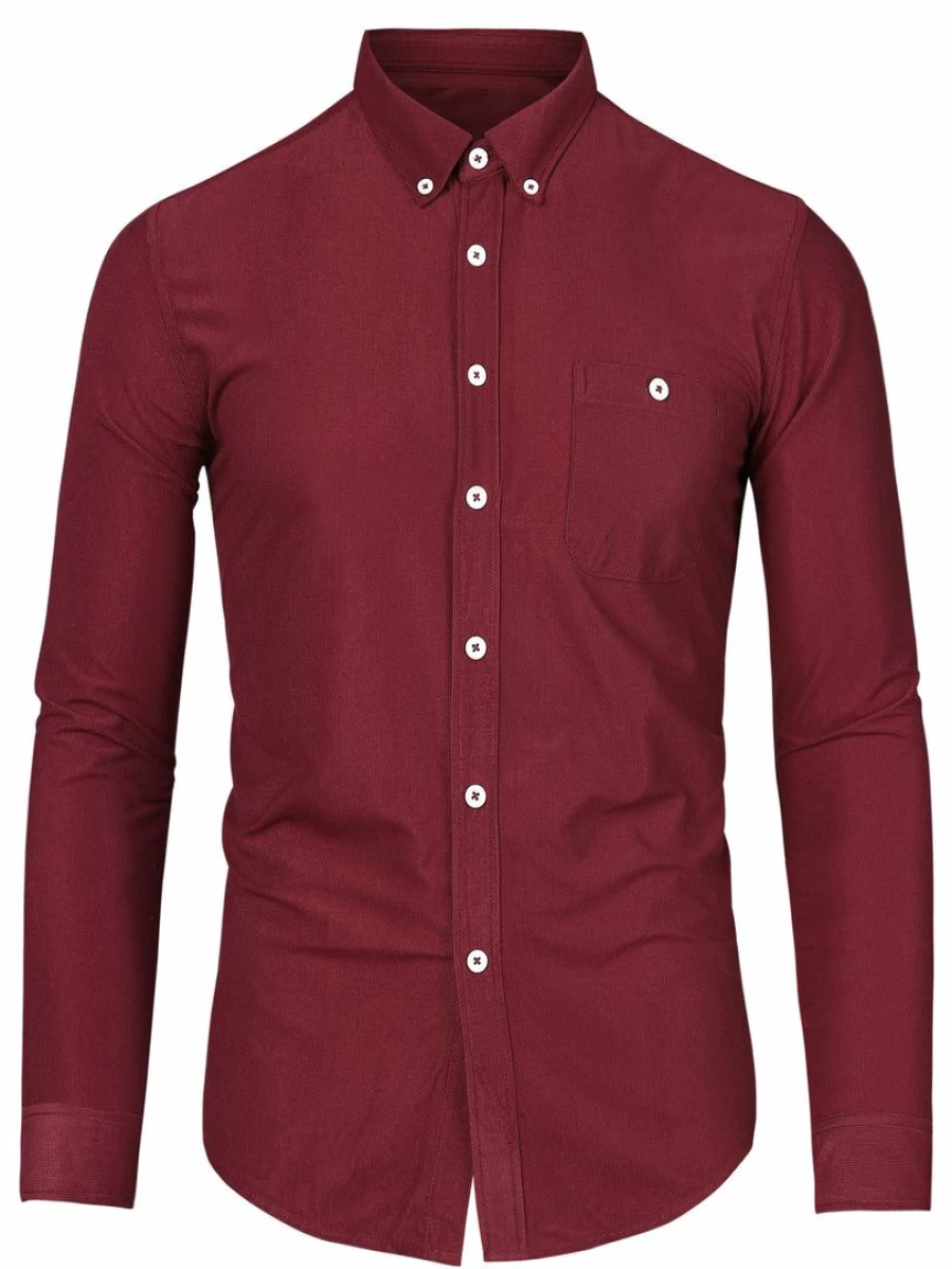 Men's Classic Corduroy Button-Down Shirt with Point Collar and Chest Pockets