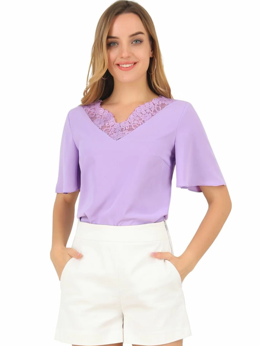 Lavender Women's Casual Blouse with Butterfly Sleeves and Lace Neck Detail