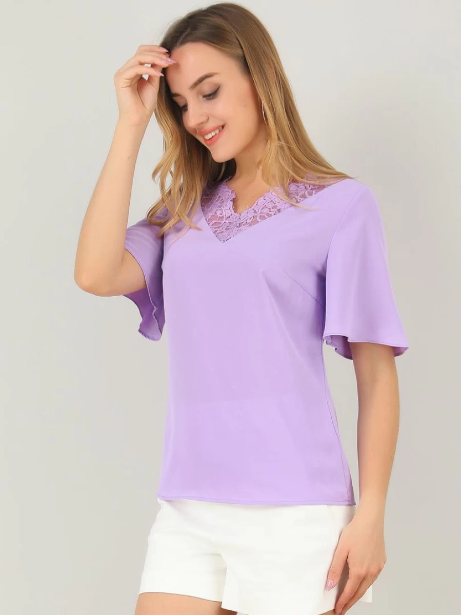 Lavender Women's Casual Blouse with Butterfly Sleeves and Lace Neck Detail