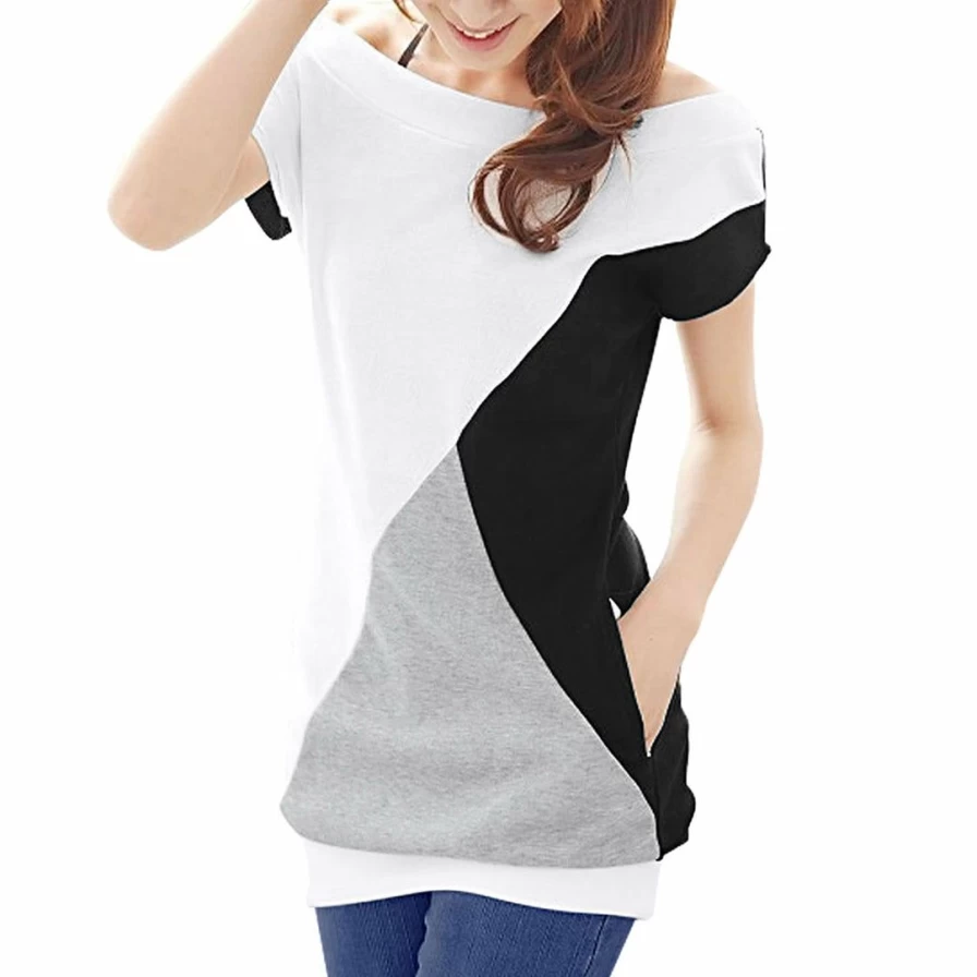 White Batwing Sleeve Color Block Tunic Top with Boat Neck