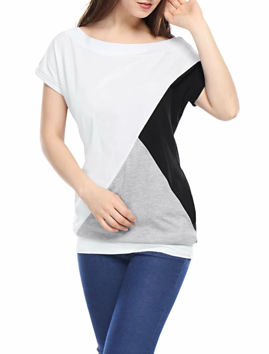White Batwing Sleeve Color Block Tunic Top with Boat Neck