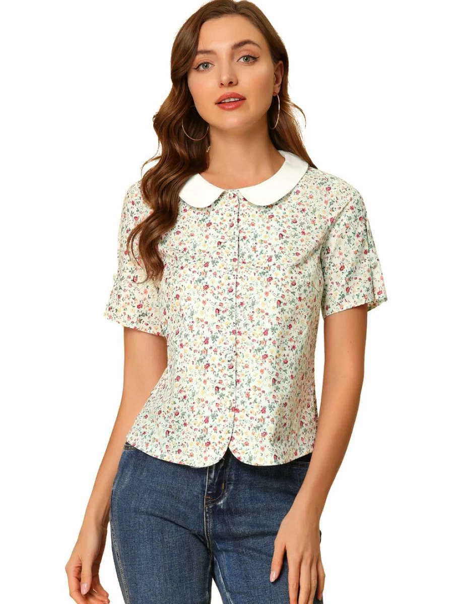 Allegra K Women's White Floral Peter Pan Collar Blouse with Puff Sleeves and Button Down Front