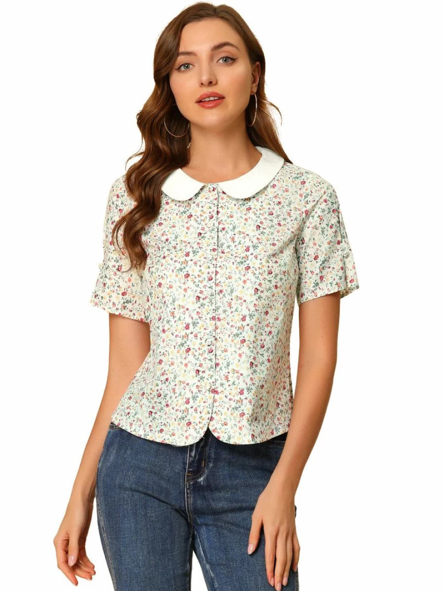 Allegra K Women's White Floral Peter Pan Collar Blouse with Puff Sleeves and Button Down Front