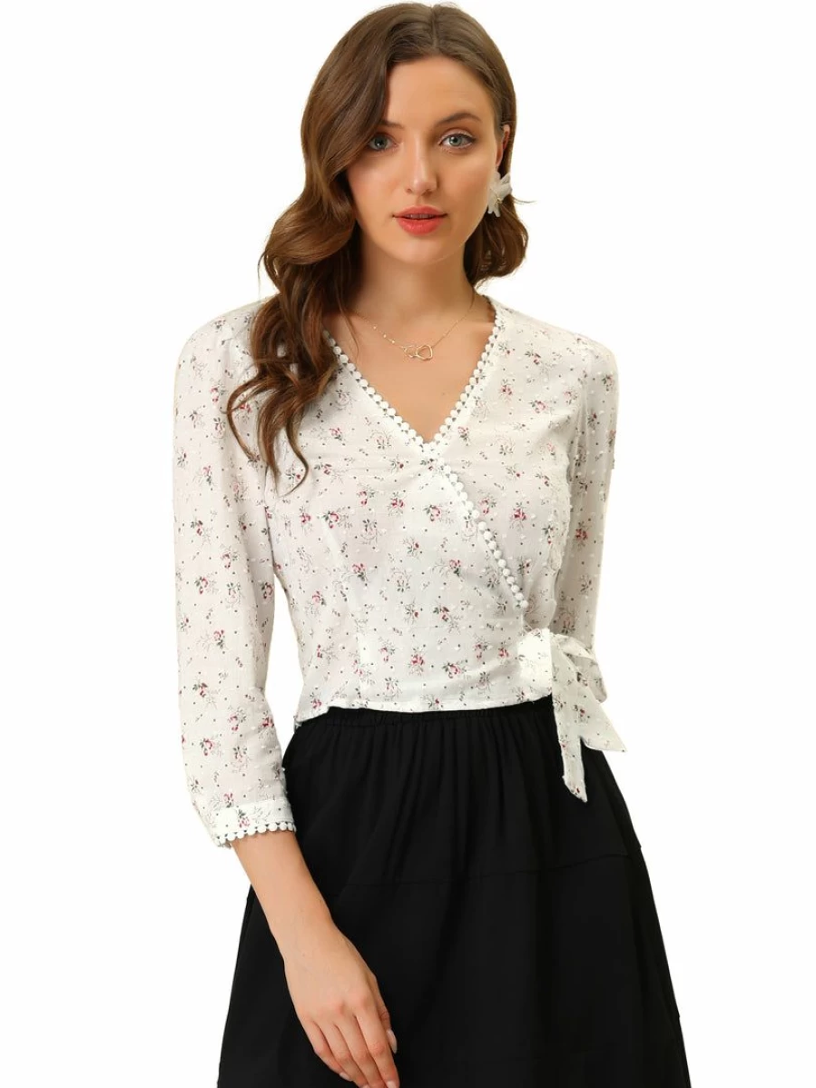 Women's White Floral Print Blouse with Lace Trim 3/4 Sleeve V-Neck Faux Wrap Top
