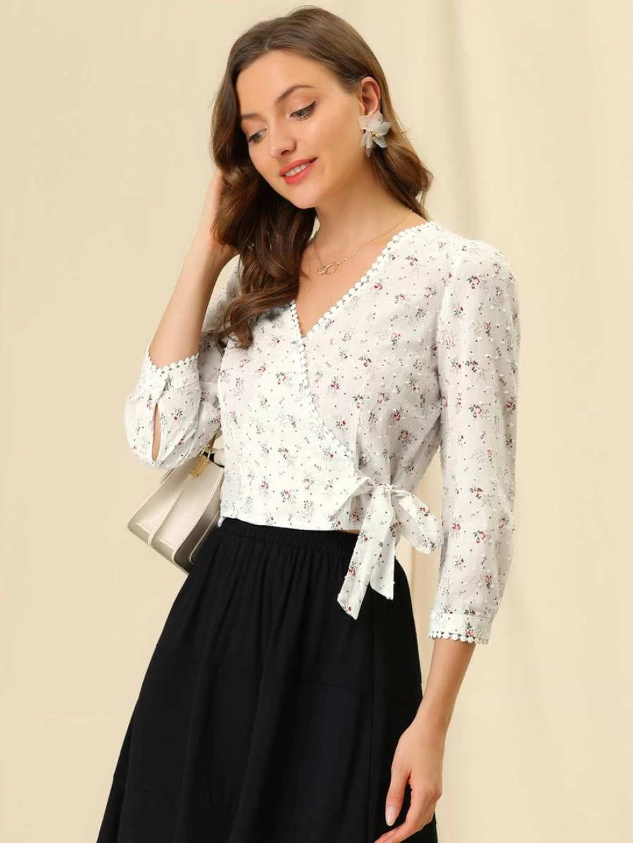 Women's White Floral Print Blouse with Lace Trim 3/4 Sleeve V-Neck Faux Wrap Top