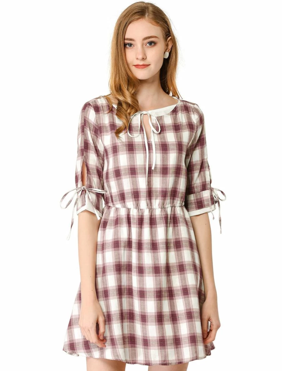 Burgundy Plaid Tie Keyhole Neck Half Sleeves Lined Dress for Women