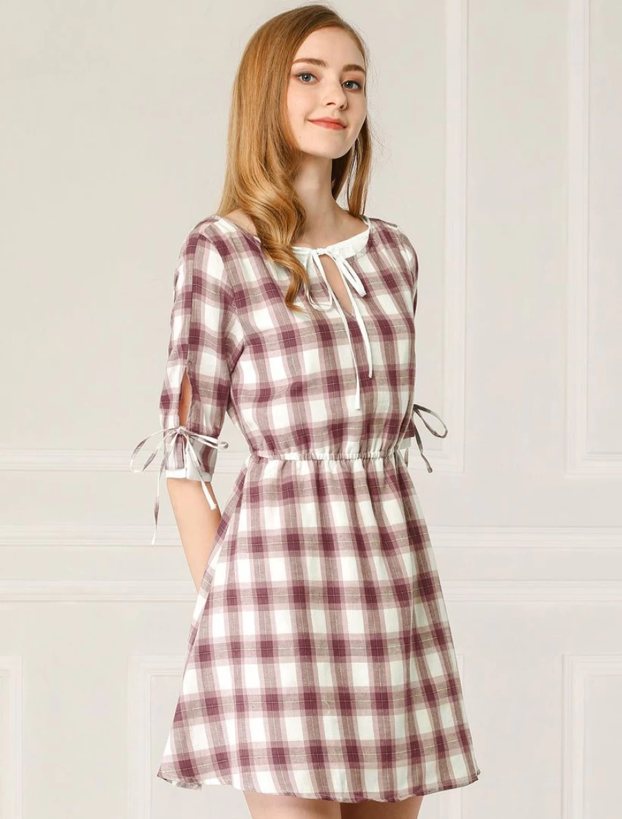 Burgundy Plaid Tie Keyhole Neck Half Sleeves Lined Dress for Women