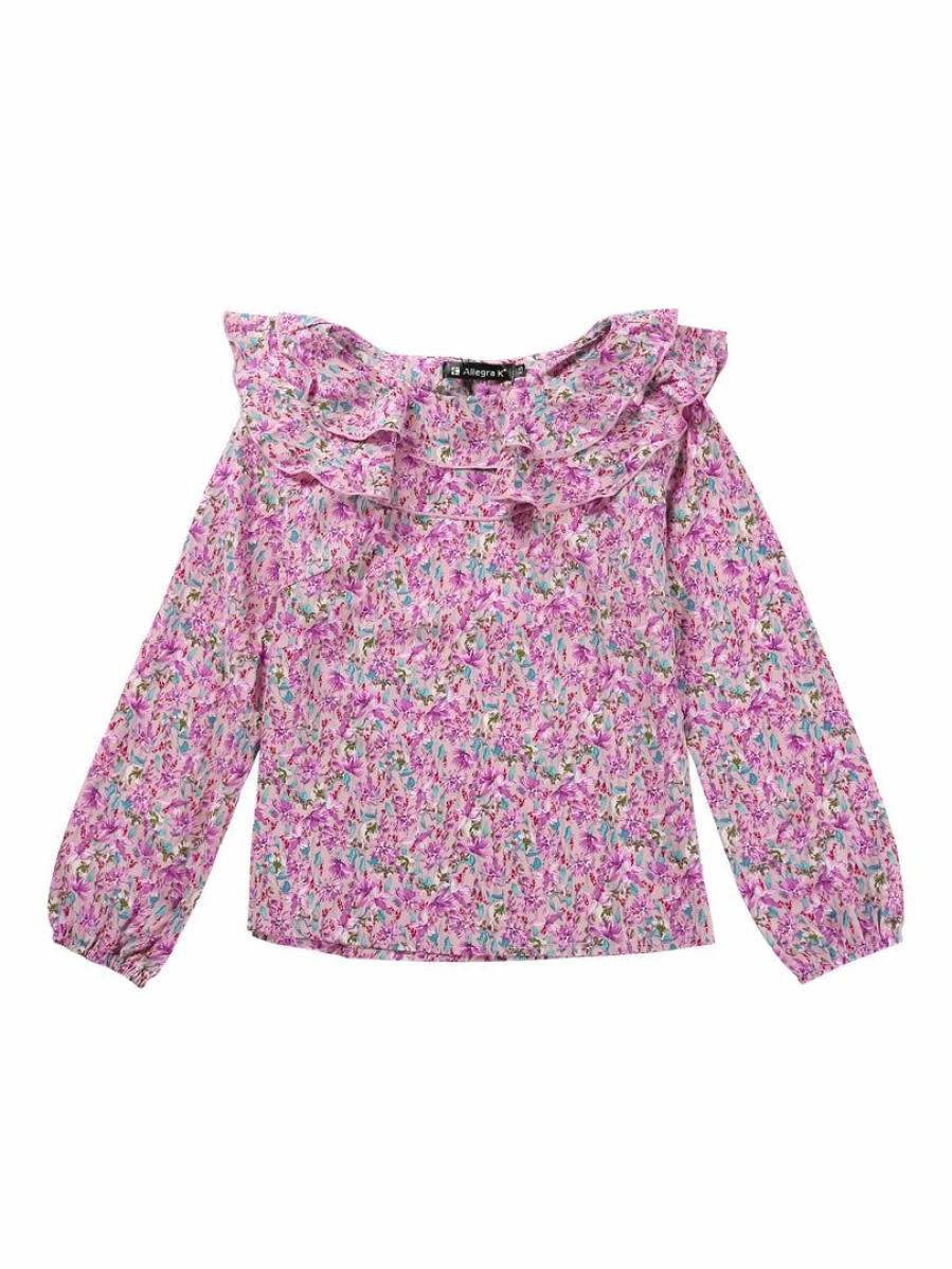 Pink Floral Blouse for Women with Ruffle Neck and Puff Sleeves by Allegra K