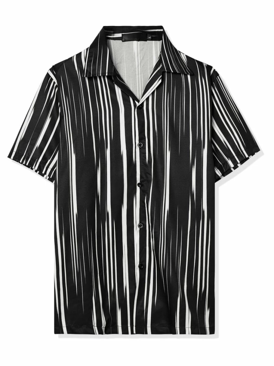 Men's Summer Stripe Printed Short Sleeve Button-Up Shirt Color Block Casual Top