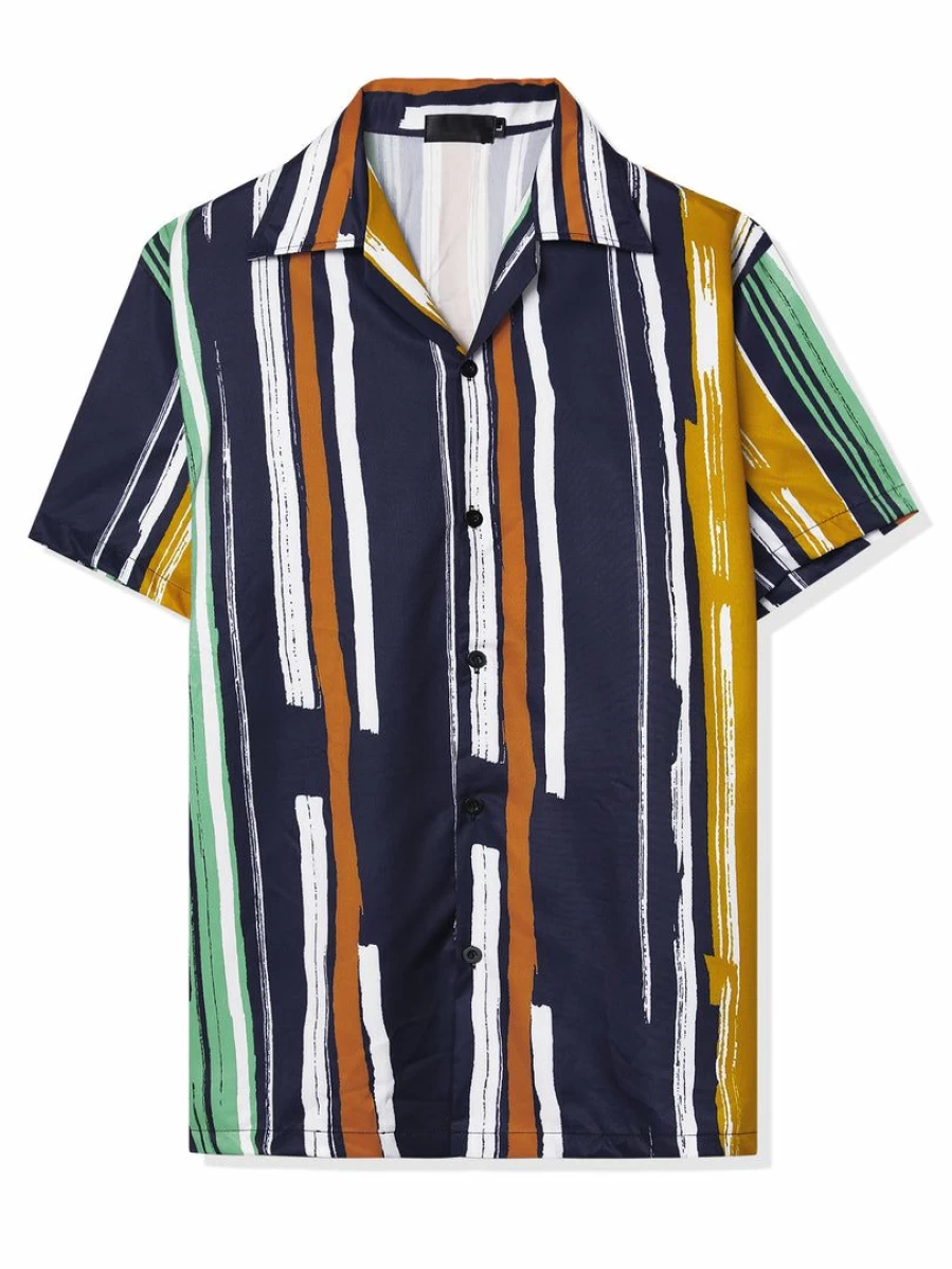 Men's Summer Stripe Printed Short Sleeve Button-Up Shirt Color Block Casual Top