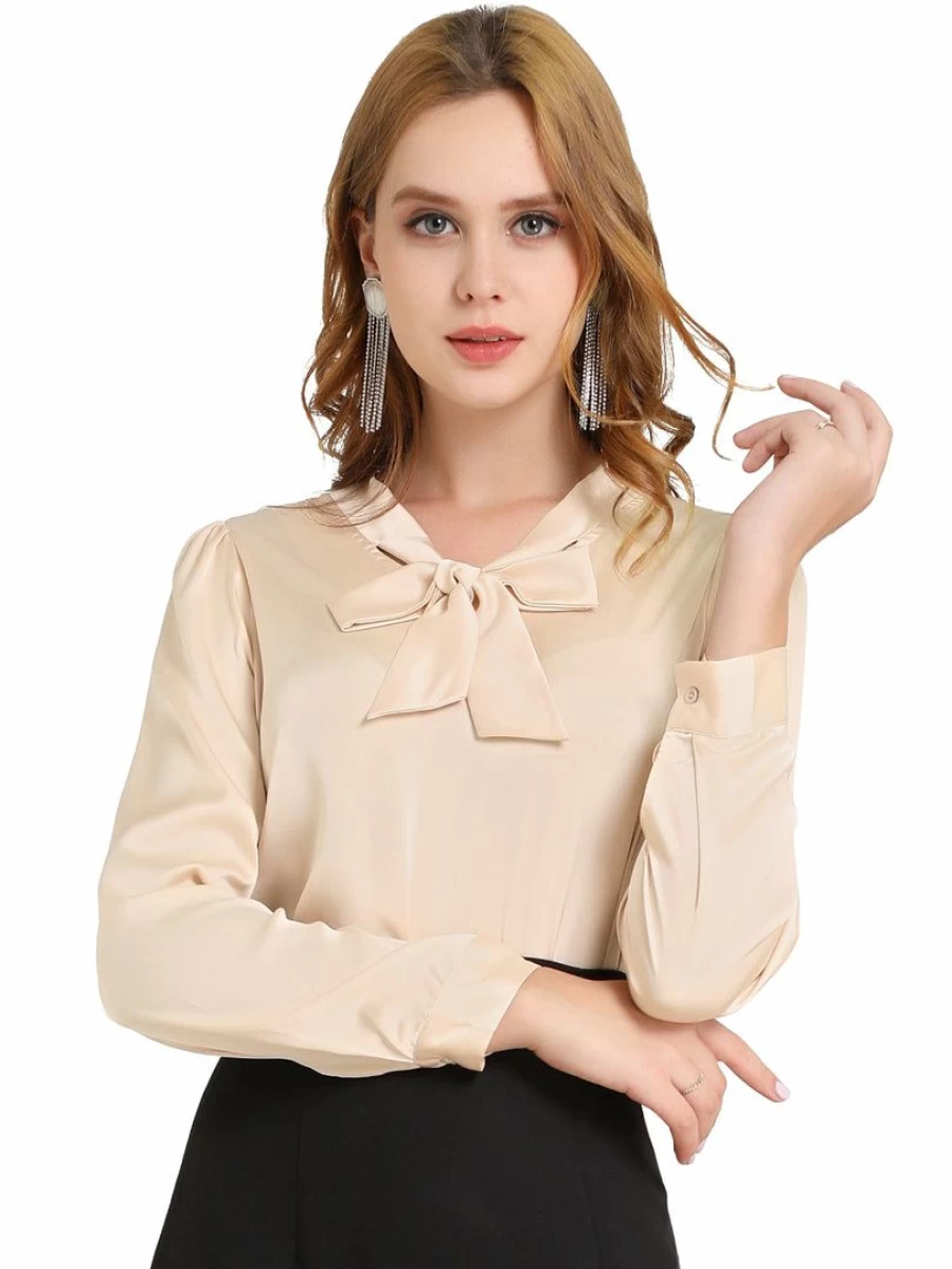 Women's Satin Tie Neck Blouse for Business Casual Wear - Elegant Work Top