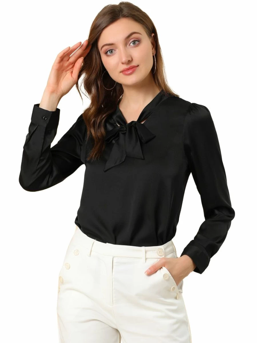 Women's Satin Tie Neck Blouse for Business Casual Wear - Elegant Work Top