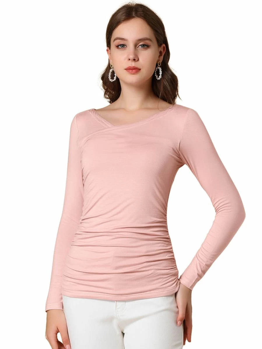Allegra K Women's Pink 3/4 Sleeve Ruched V-Neck Casual Blouse Tops