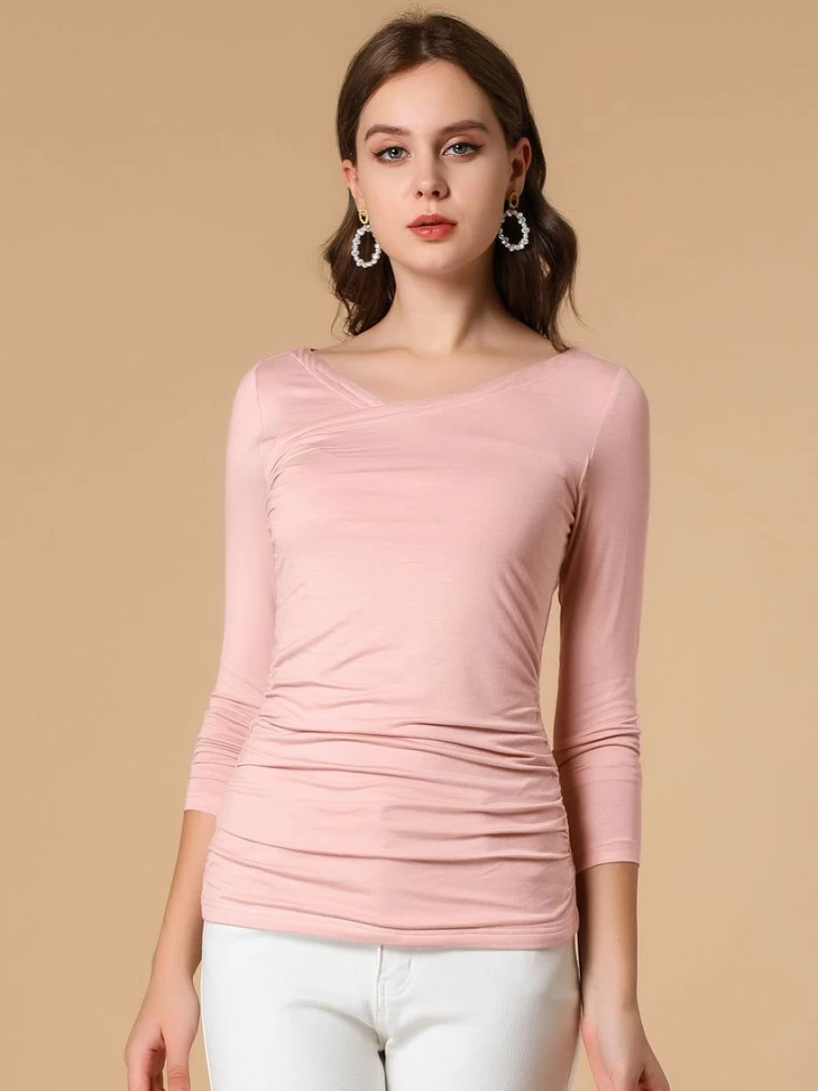 Allegra K Women's Pink 3/4 Sleeve Ruched V-Neck Casual Blouse Tops