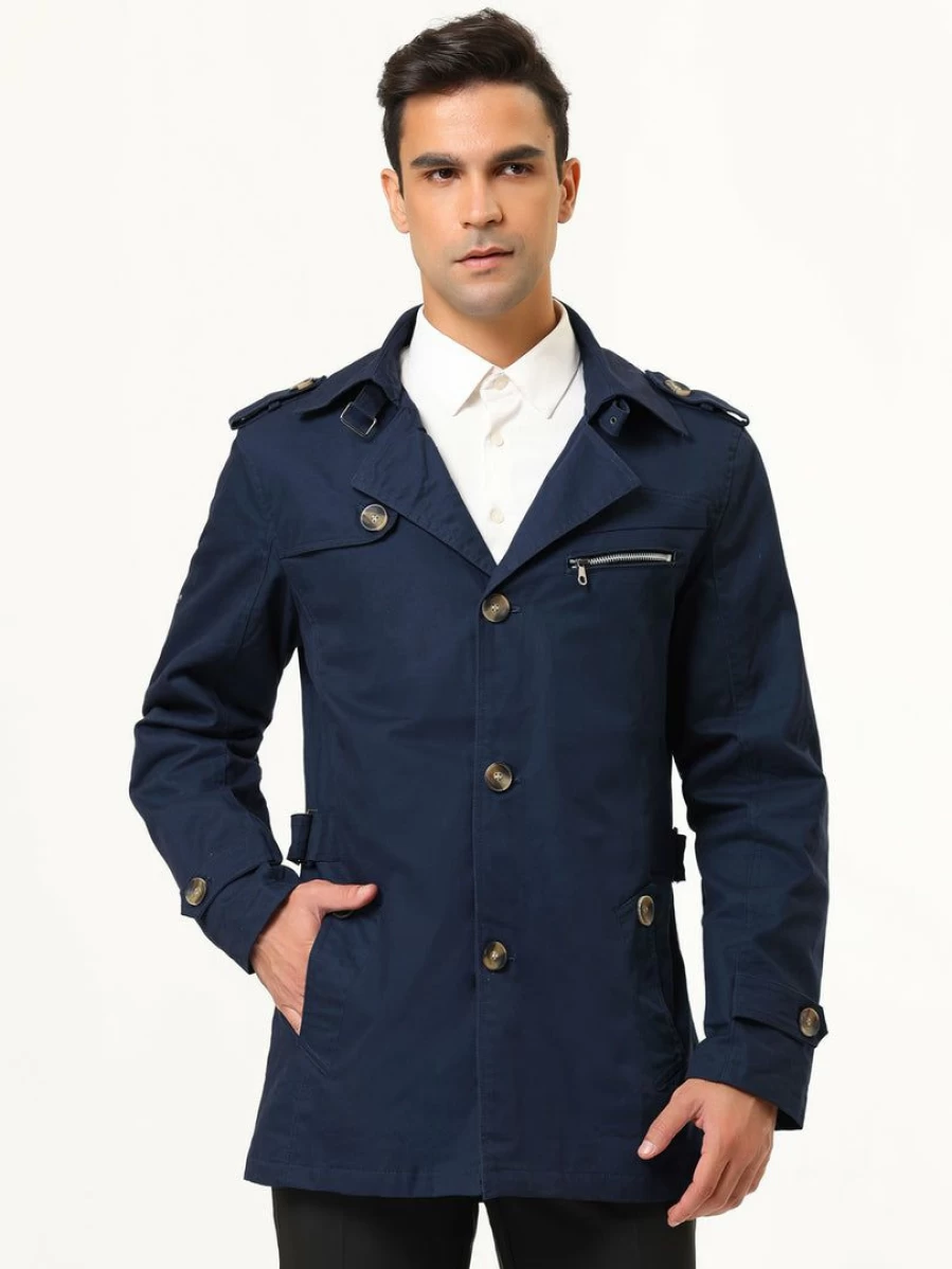 Men's Classic Trench Coat with Notched Collar - Single Breasted Windbreaker Overcoat for Stylish Outerwear