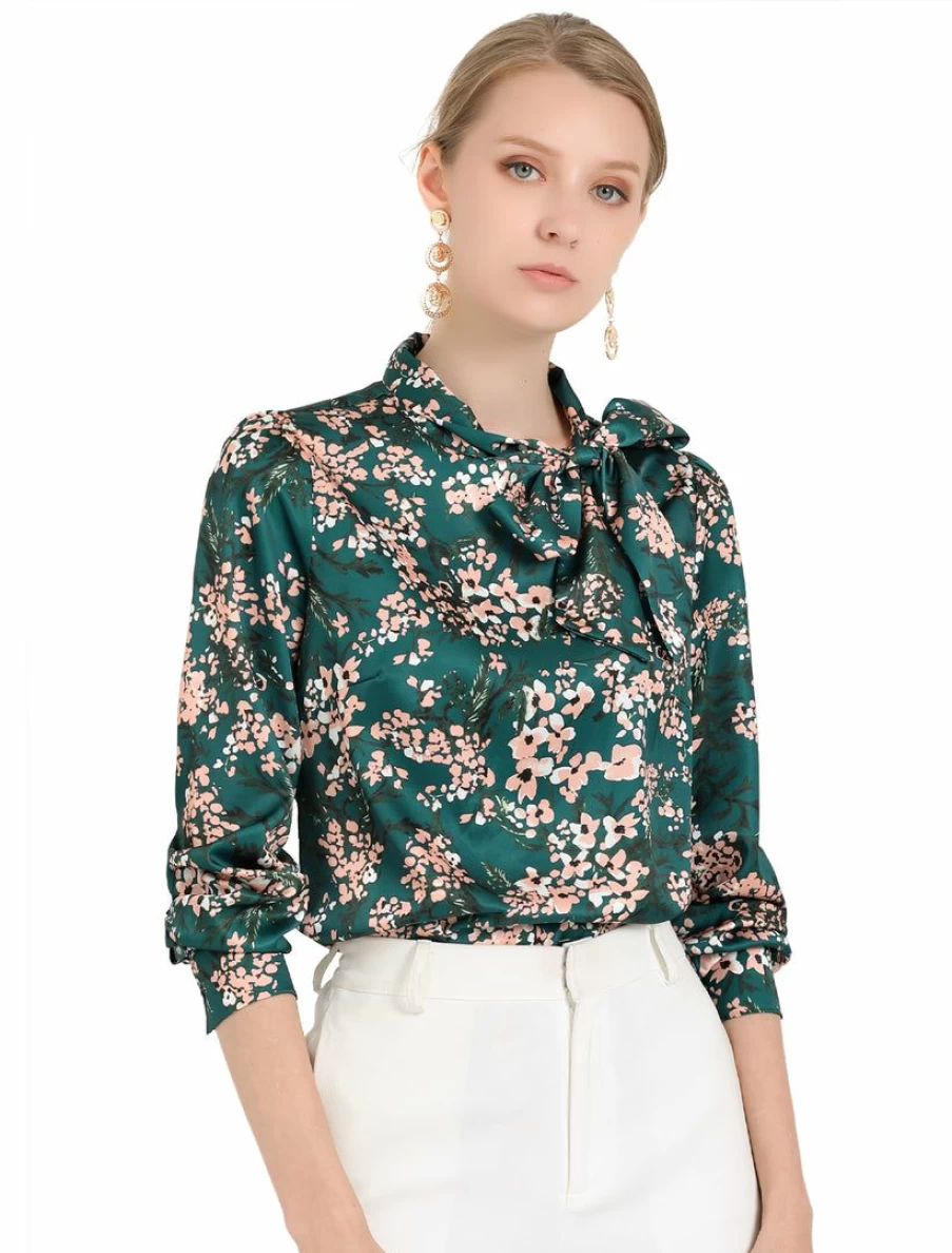 Elegant Floral Ruffle Blouse for Women with Bow Tie Neck and Puff Sleeves - Chic Work Top