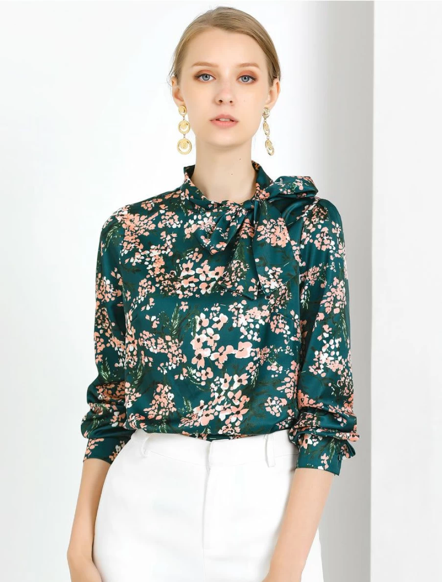 Elegant Floral Ruffle Blouse for Women with Bow Tie Neck and Puff Sleeves - Chic Work Top