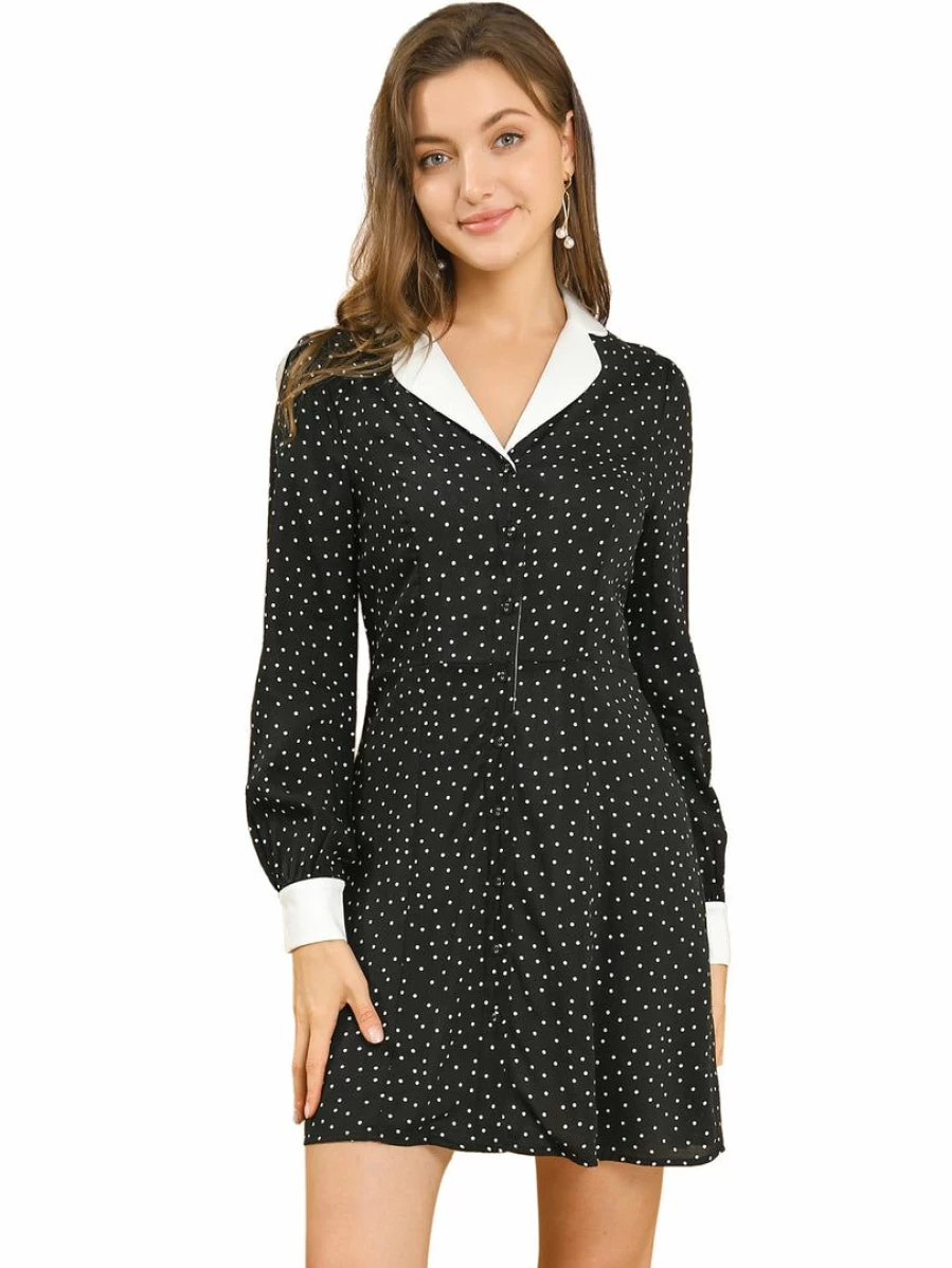 Black Polka Dot Peter Pan Collar Party Shirt Dress for Women