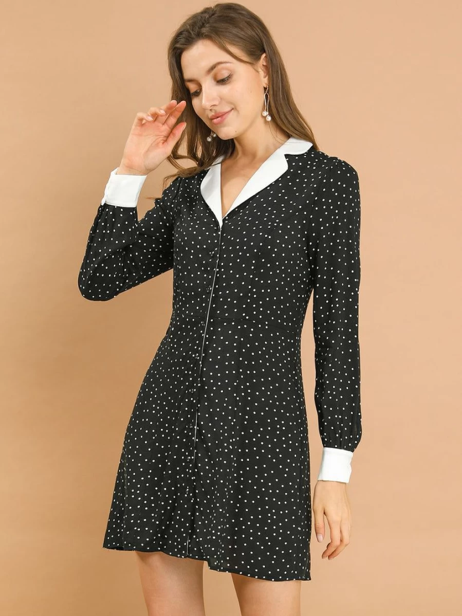 Black Polka Dot Peter Pan Collar Party Shirt Dress for Women