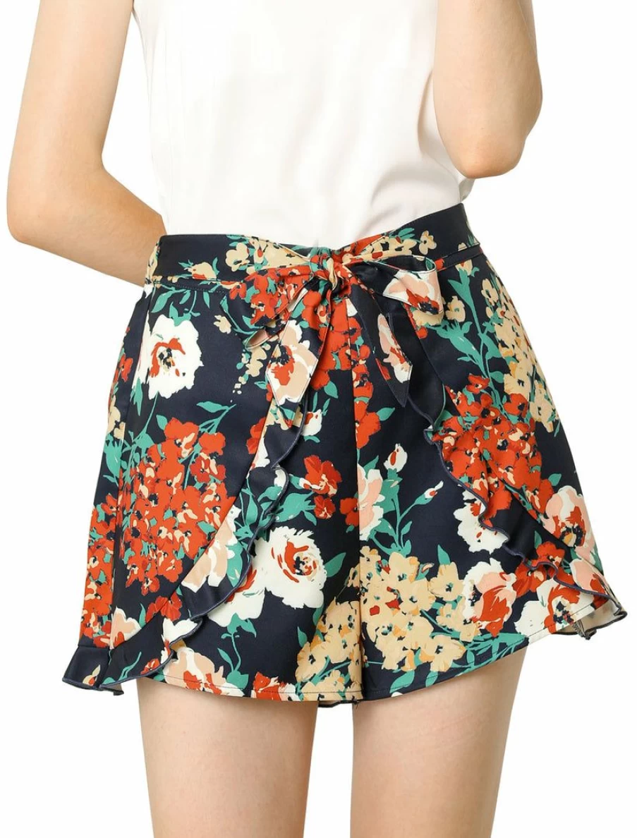 Women's Floral Ruffle Culottes Shorts with High Waist and Elastic Tie Detail