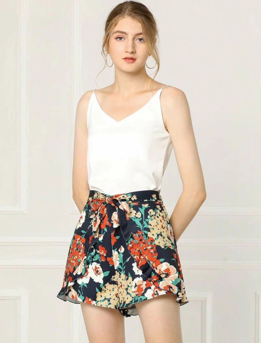 Women's Floral Ruffle Culottes Shorts with High Waist and Elastic Tie Detail