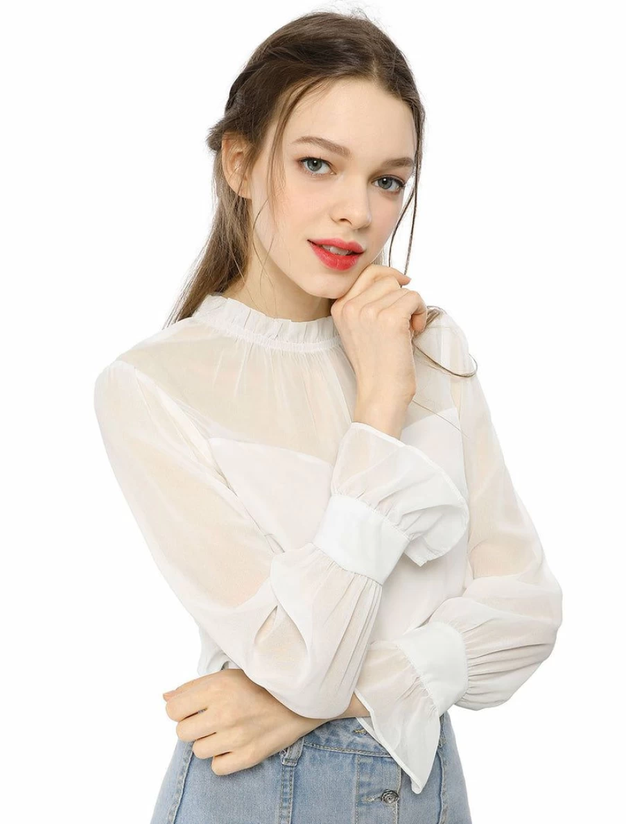 Elegant Women's Long Sleeve Chiffon Blouse with Ruffled Trim and Insert Details