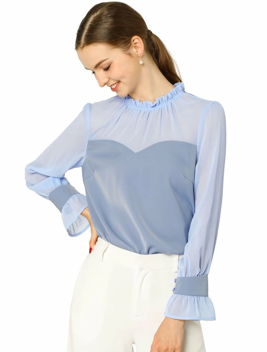 Elegant Women's Long Sleeve Chiffon Blouse with Ruffled Trim and Insert Details
