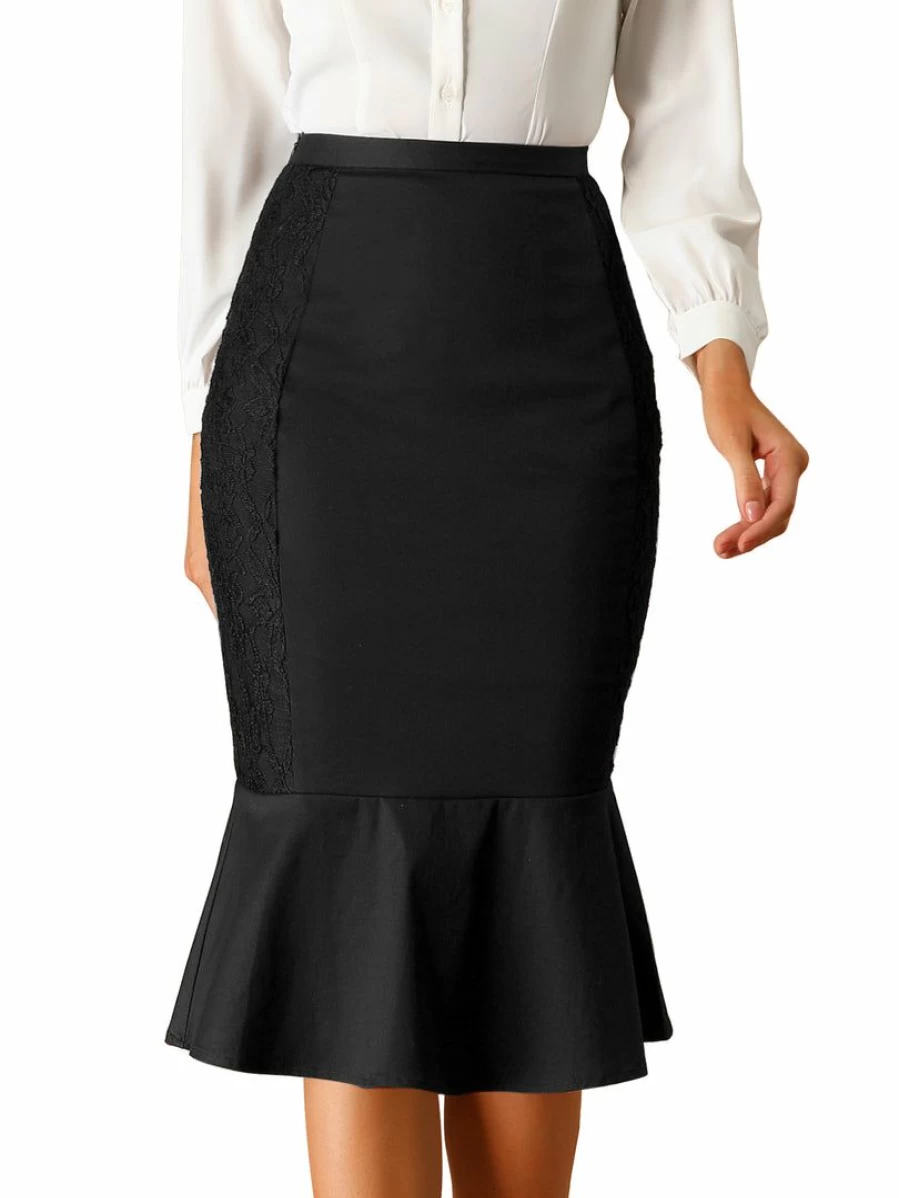 Black High Waist Mermaid Pencil Skirt with Lace Ruffle for Women - Office & Work Elegant Style
