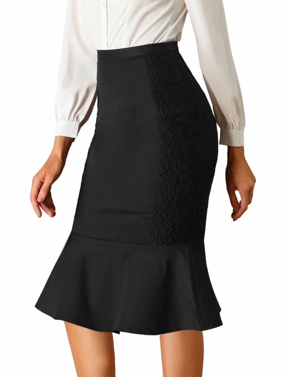 Black High Waist Mermaid Pencil Skirt with Lace Ruffle for Women - Office & Work Elegant Style