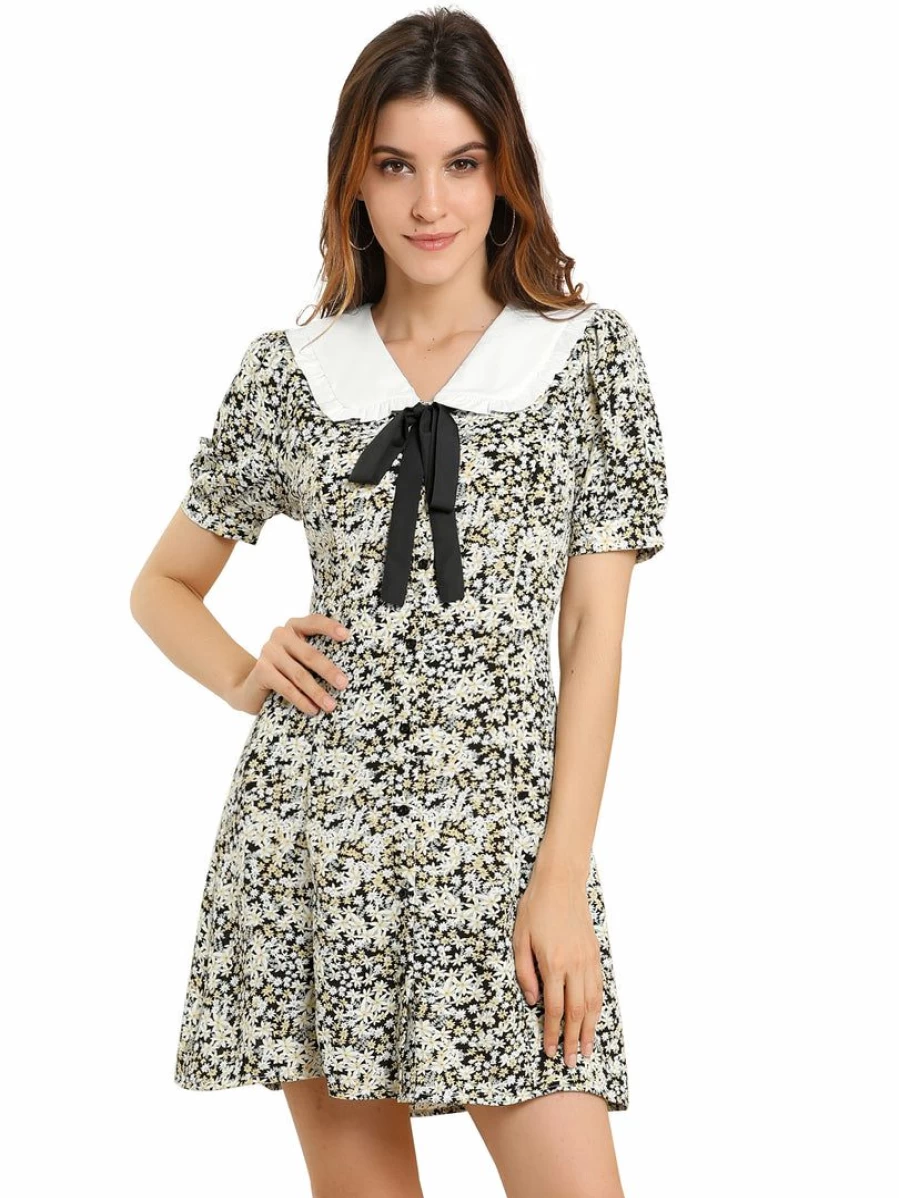 Women's Floral Summer Dress with Peter Pan Collar and Bow Tie - Short Sleeve Casual Dress